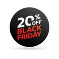 Black Friday sale icon, sticker or tag. 20 percent price off. Discount badge, label for promo banner design. Vector illustration. Royalty Free Stock Photo